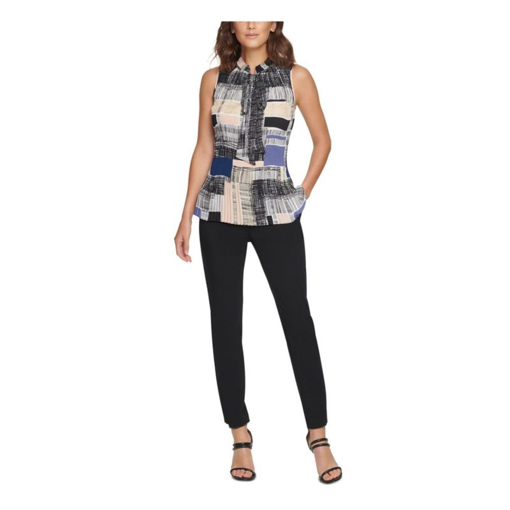 DKNY Womens Black Pleated Printed Sleeveless Tie Neck Evening Top S - Picture 3 of 4